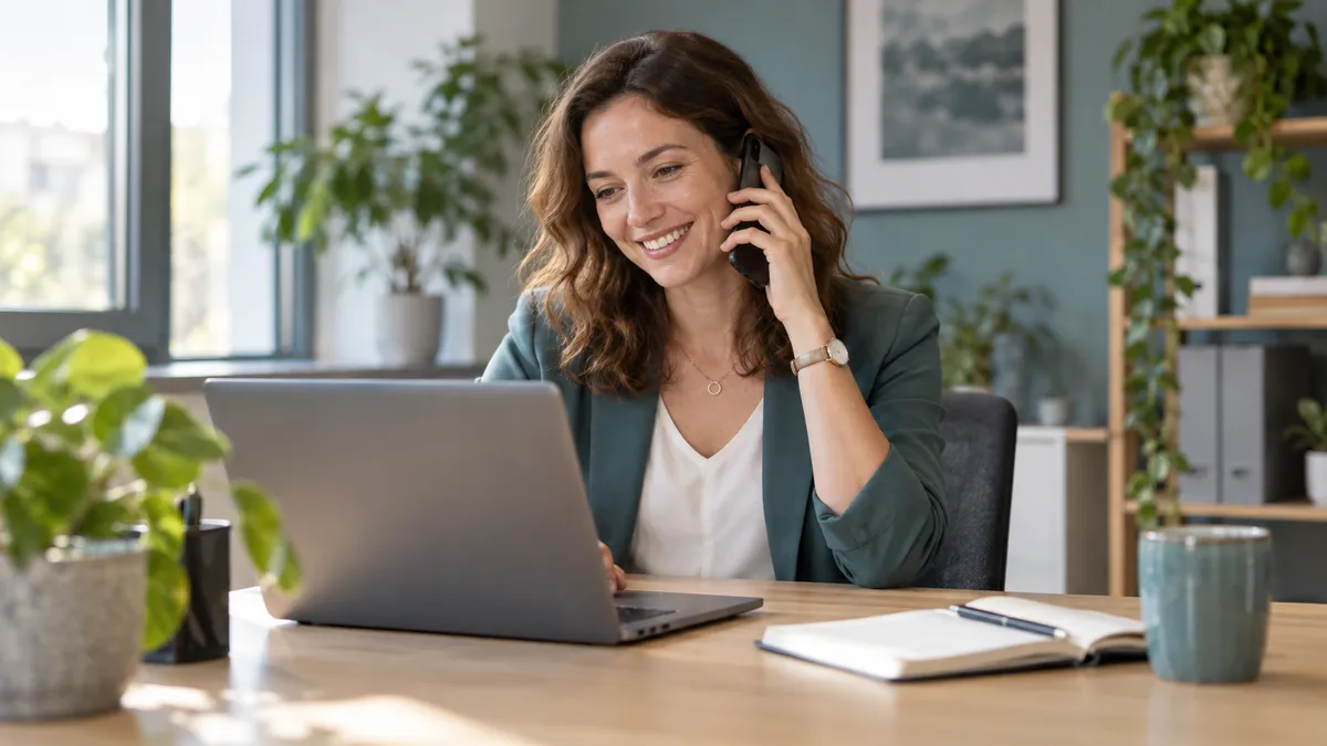 KI-generiertes Symbolbild: Eine HR-Mitarbeiterin telefoniert freundlich mit einem Bewerber und prüft am Laptop die nächsten Termine.